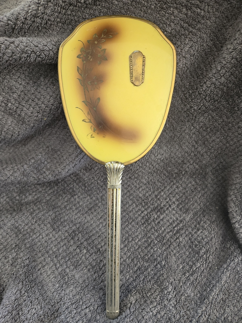 Vintage Handheld Vanity Mirror with Floral Design and Gold Tone Long Handle